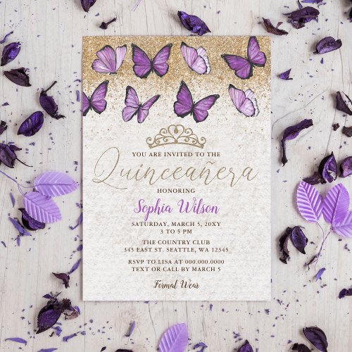 Purple Gold Glitter Butterfly Quinceaera  Invitation