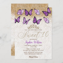 Purple Gold Glitter Butterfly Sweet 16  Invitation