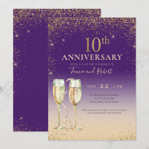 Purple Gold Glitter Champagne 10th Anniversary Invitation