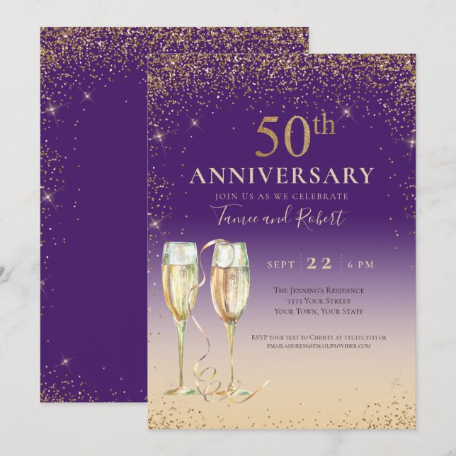 Purple Gold Glitter Champagne 50th Anniversary Invitation (Front/Back)