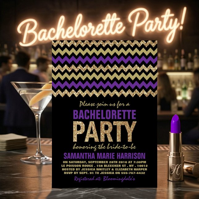 Purple & Gold Glitter Chevron Bachelorette Party Invitation (Creator Uploaded)