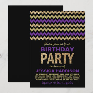 Purple & Gold Glitter Chevron Birthday Party Invitation