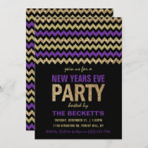 Purple & Gold Glitter Chevron New Years Party Invitation