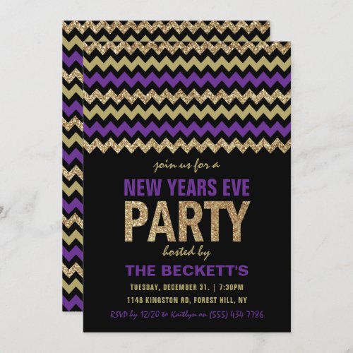 Purple  Gold Glitter Chevron New Years Party Invitation