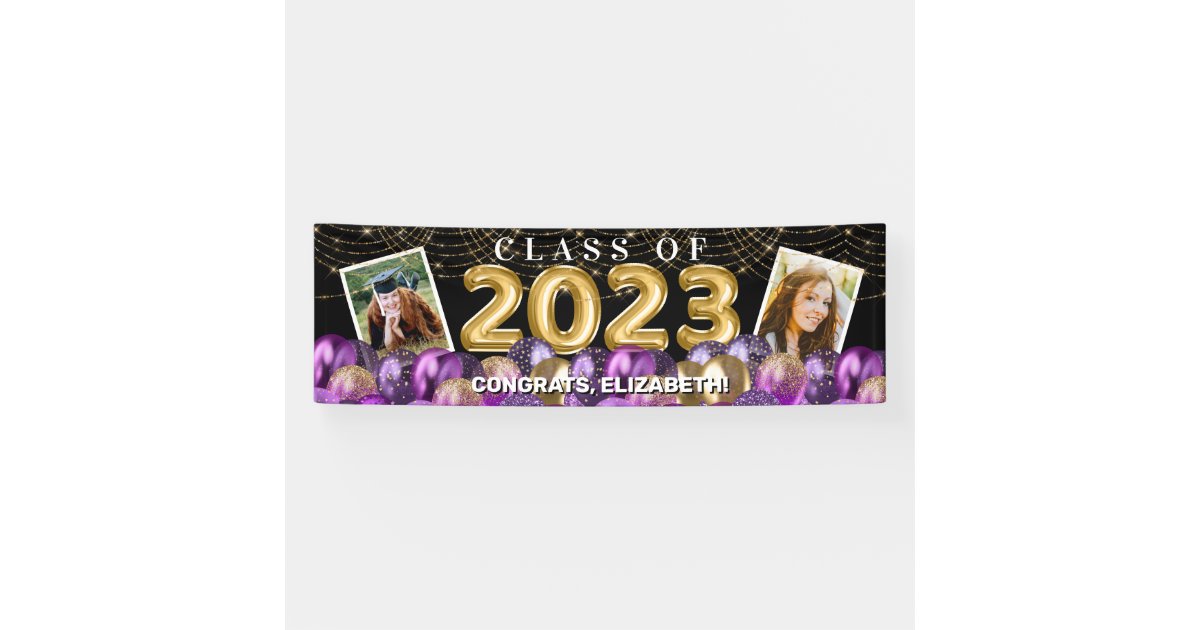 Purple Gold Glitter Class of 2023 Photo Graduation Banner Zazzle