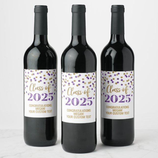 Purple Gold Glitter Class of 2025 Graduation Wine Label (Bottles)