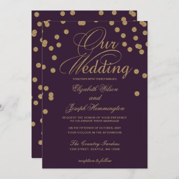 Purple Gold Glitter Confetti Elegant Wedding Invitation