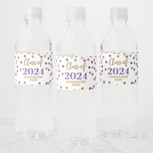 Purple Gold Glitter Confetti Graduation Water Bottle Label