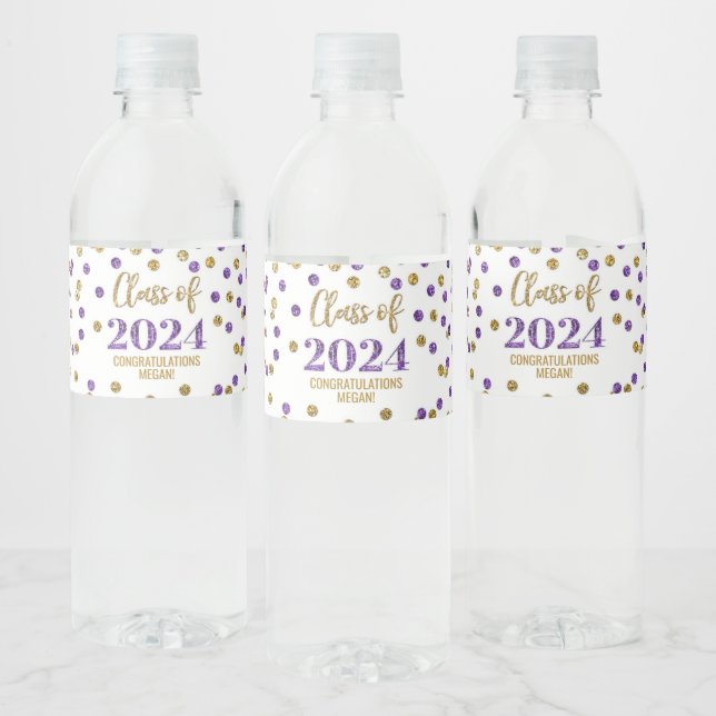 Purple Gold Glitter Confetti Graduation Water Bottle Label (Bottles)