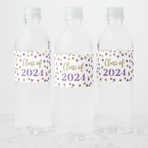 Purple Gold Glitter Confetti Graduation Water Bottle Label