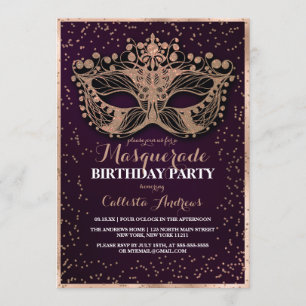 Purple Gold Glitter Confetti Masquerade Birthday Invitation