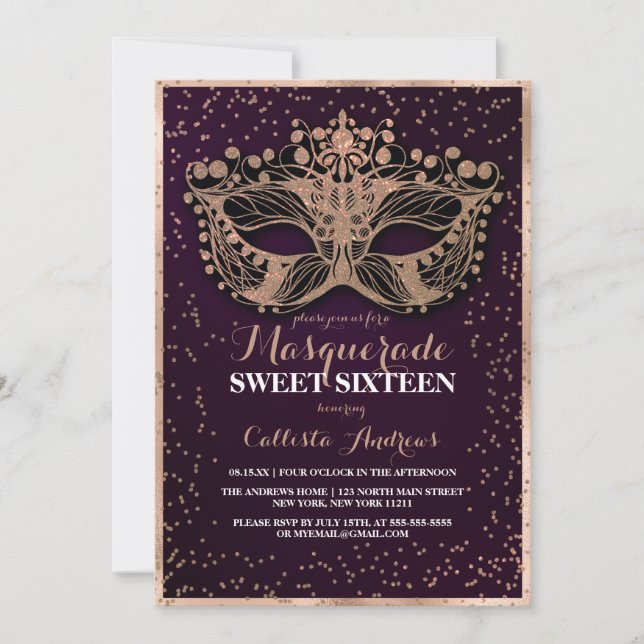 Purple Gold Glitter Confetti Masquerade Sweet 16 Invitation (Front)