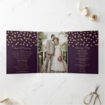Purple Gold Glitter Confetti Photo Wedding Tri-Fold Program