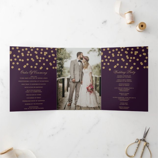 Purple Gold Glitter Confetti Photo Wedding Tri-Fold Program (Inside)