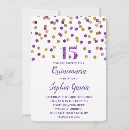 Purple Gold Glitter Confetti Quinceaera Invitation