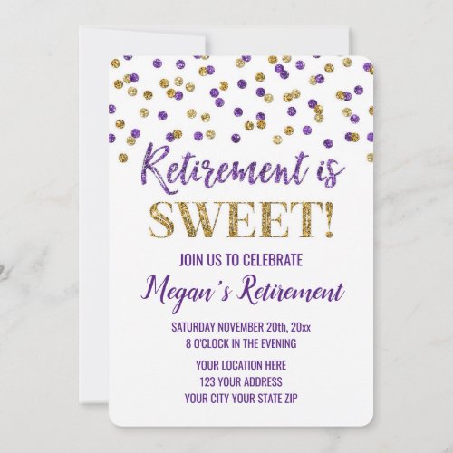 Purple Gold Glitter Confetti Retirement Party Invitation