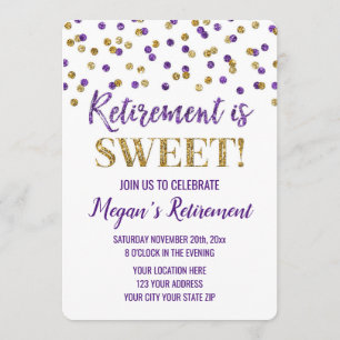 Purple Gold Glitter Confetti Retirement Party Invitation