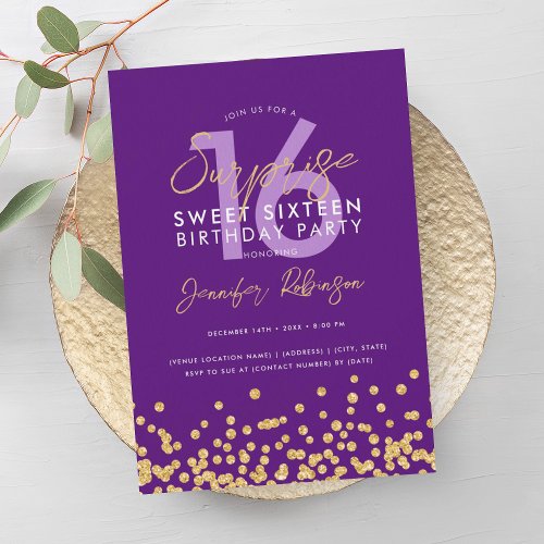 Purple Gold Glitter Confetti Surprise Sweet 16  Invitation