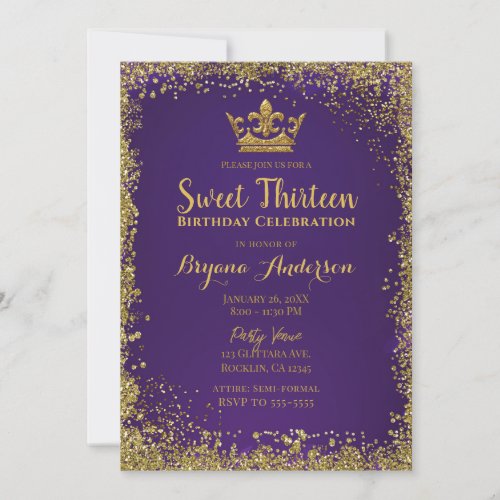 Purple  Gold Glitter Crown Sweet 13 Party  Invitation