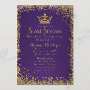 Purple & Gold Glitter Crown Sweet 16 Party Invitation