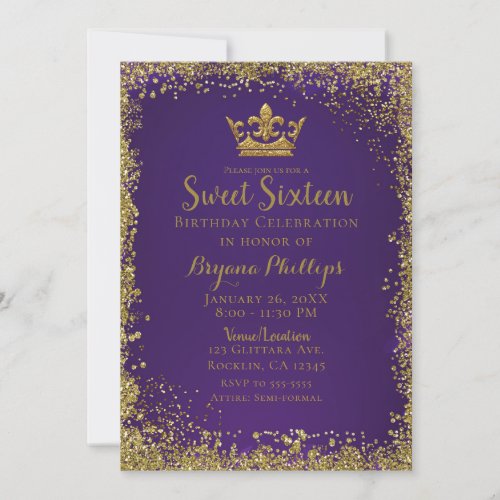 Purple  Gold Glitter Crown Sweet 16 Party Invitation