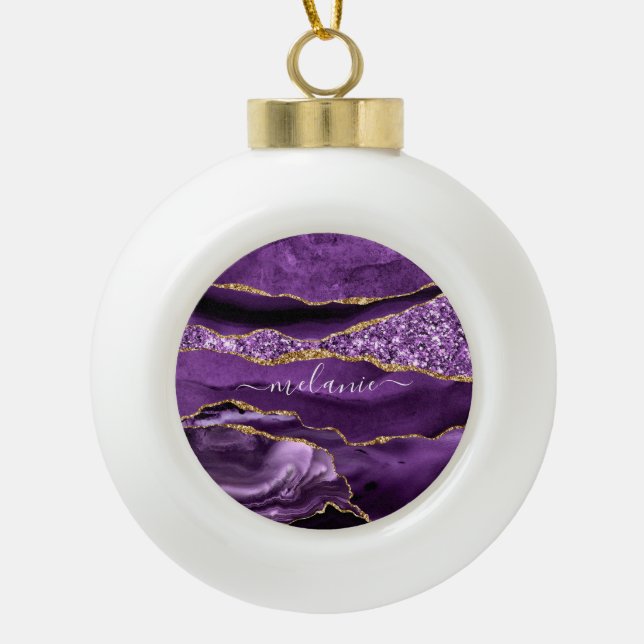 Purple Gold Glitter Custom Name Christmas Ornament (Front)