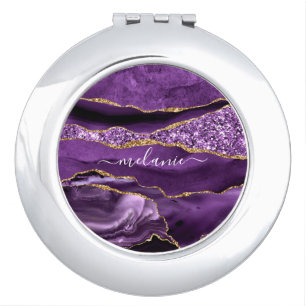 Purple Gold Glitter Custom Name Compact Mirror