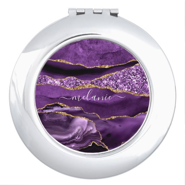 Purple Gold Glitter Custom Name Compact Mirror (Front)