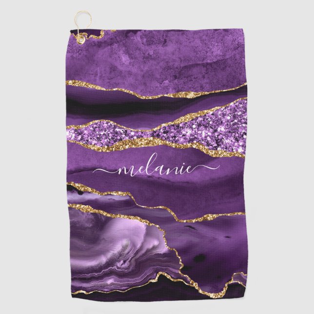 Purple Gold Glitter Custom Name Golf Towel Gift (Front)