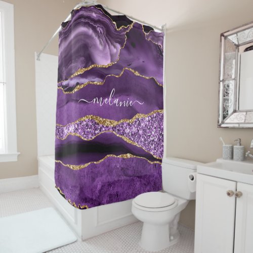 Purple Gold Glitter Custom Name Shower Curtain