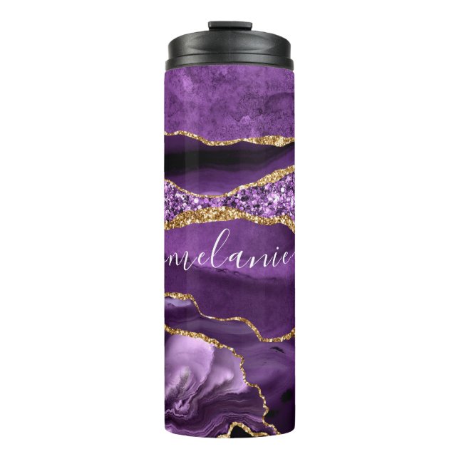 Purple Gold Glitter Custom Name Thermal Tumbler (Front)