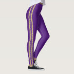 Purple Gold Glitter Custom Text Athletic Stripe Leggings<br><div class="desc">Purple personalized leggings with a double athletic stripe in gold glitter with custom text in the middle that can be different on each side. Perfect for displaying your favorite quote, verse, inspirational mantra, team name, mascot motto, or add your name on repeat down the side of each leg! Legging color...</div>