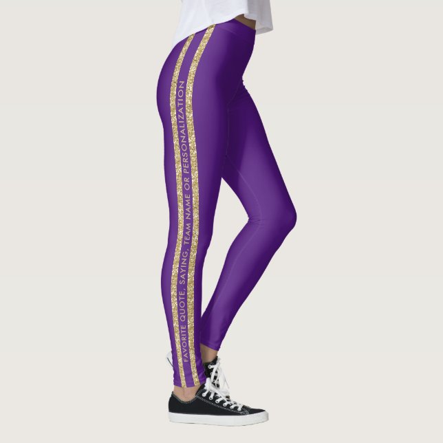 Purple Gold Glitter Custom Text Athletic Stripe Leggings (Right)