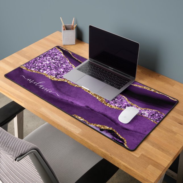 Purple Gold Glitter Desk Mat with Custom Name (Office 2)