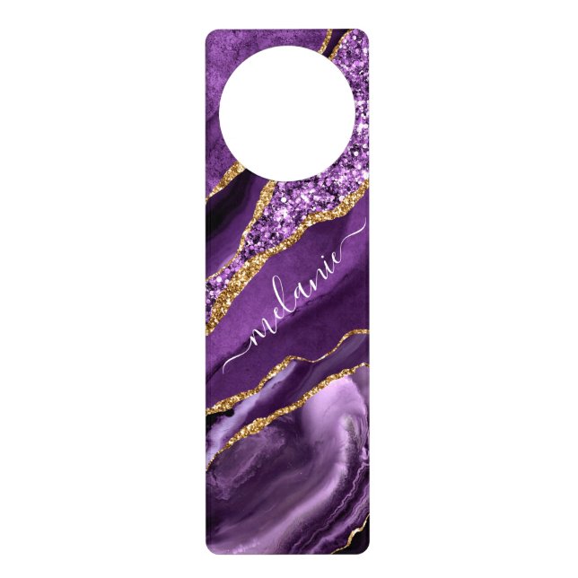 Purple Gold Glitter Door Hanger with Custom Name (Front)