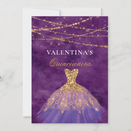 Purple Gold Glitter Dress Quinceanera Invitation