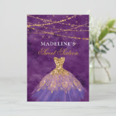 Purple/Gold Glitter Dress Sweet 16 Invitation (Standing Front)