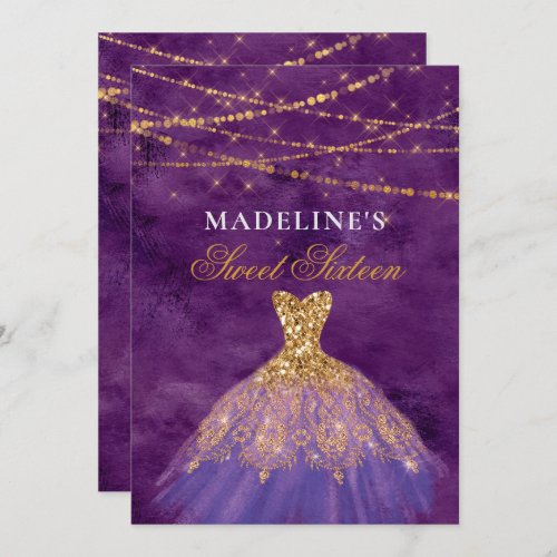 PurpleGold Glitter Dress Sweet 16 Invitation