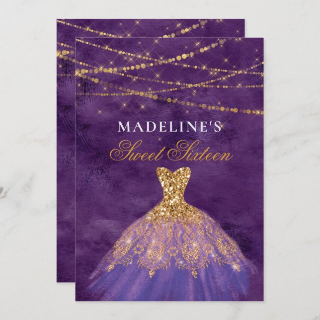 Purple/Gold Glitter Dress Sweet 16 Invitation (Front/Back)