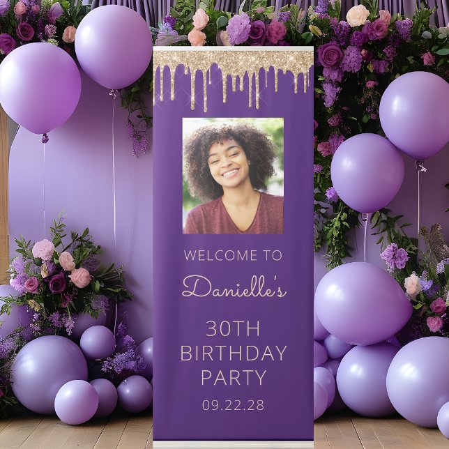 Purple Gold Glitter Drip Photo 30th Birthday Retractable Banner (Creator Uploaded)