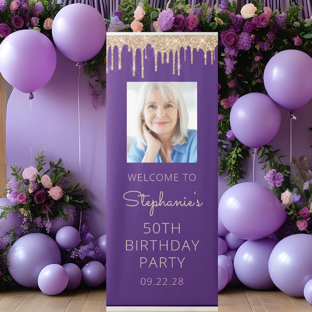 Purple Gold Glitter Drip Photo 50th Birthday Retractable Banner (Creator Uploaded)