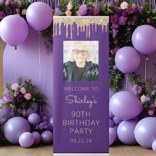 Purple Gold Glitter Drip Photo 90th Birthday Retractable Banner