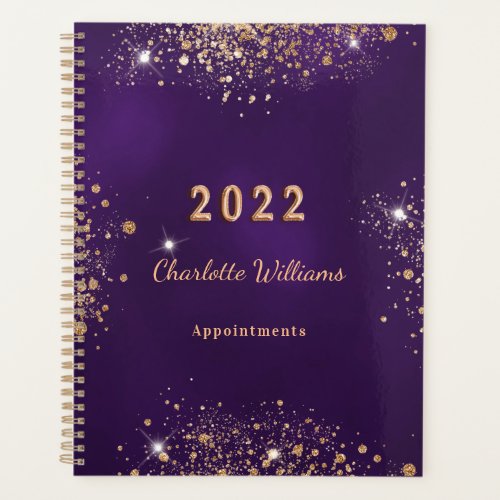 Purple gold glitter dust monogram script 2022 planner