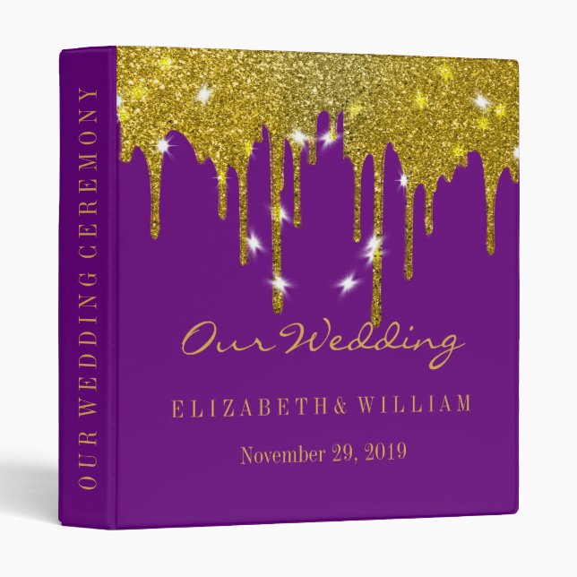 Purple Gold Glitter Faux Foil Confetti Personalize 3 Ring Binder (Front/Spine)