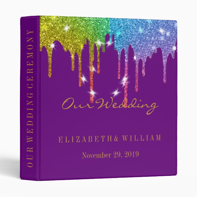 Purple Gold Glitter Faux Foil Confetti Personalize 3 Ring Binder (Front/Spine)