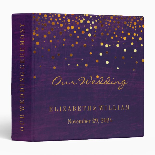 Purple Gold Glitter Faux Foil Confetti Personalize 3 Ring Binder (Front/Spine)