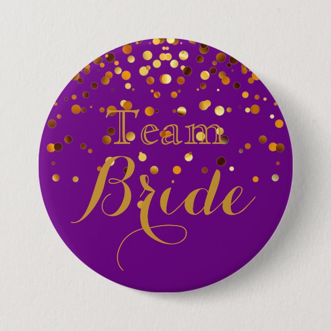 Purple Gold Glitter Faux Foil Wedding Team Bride Button (Front)