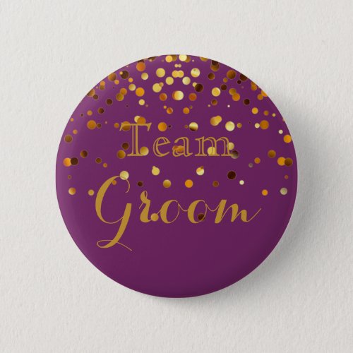 Purple Gold Glitter Faux Foil Wedding Team Groom Button