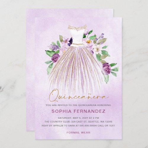 Purple gold glitter Floral Dress Quinceaera Invitation