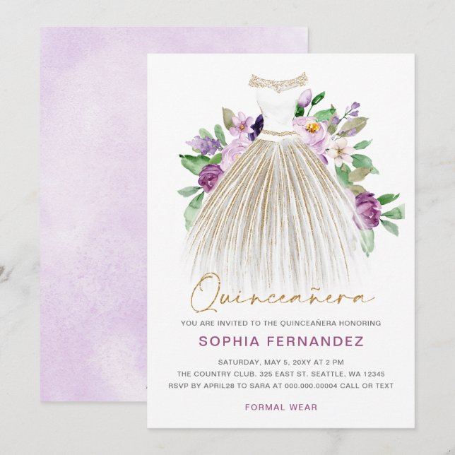 Purple gold glitter Floral Dress Quinceañera Invitation (Front/Back)